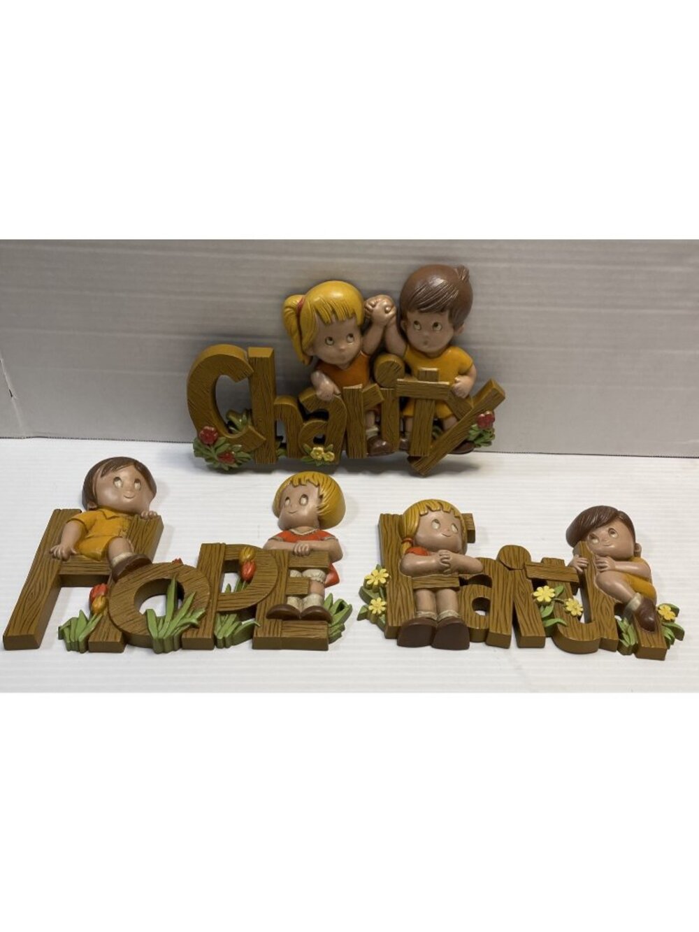 3 Burwood Faith Hope Charity Wall Boy & Girl Plaques Inspirational 1982 - EUC